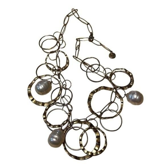 Gold Tone Costume Necklace Pearl Like Circle Links Layers of Circles - Picture 6 of 9